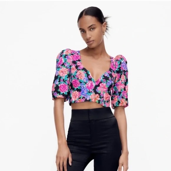 Zara womens Multicolor Puff Sleeve Crop Top Blouse XS - Picture 1 of 6